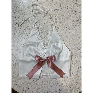 Coquette Halter Top Womens M White Adjustable Festival Boho Hippie Pink Bow